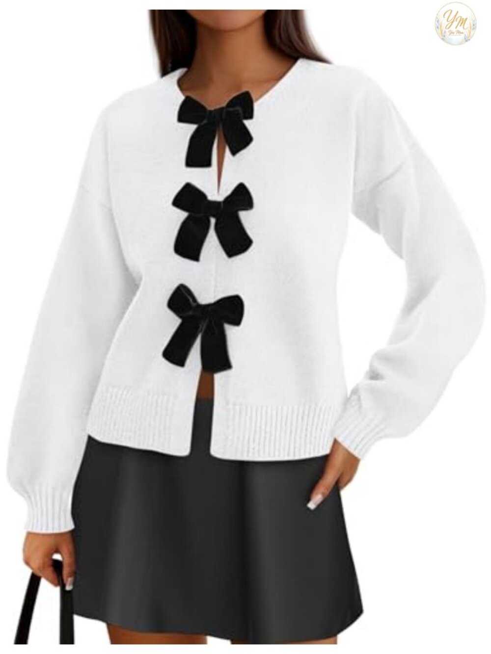 Women's Bow Tie Front Cardigan Sweater Long Sleeve Crewneck Fall Knit